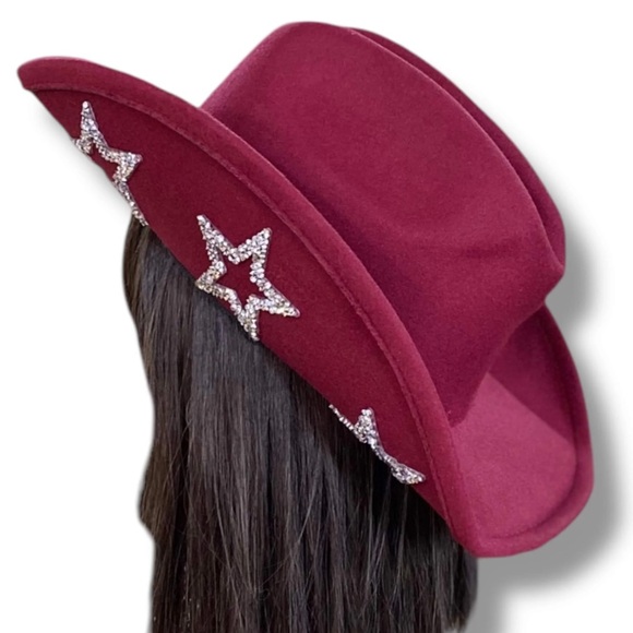 Burgundy Red Rhinestone Star Cowboy HatDisco Cowgirl Festival Glam NWT